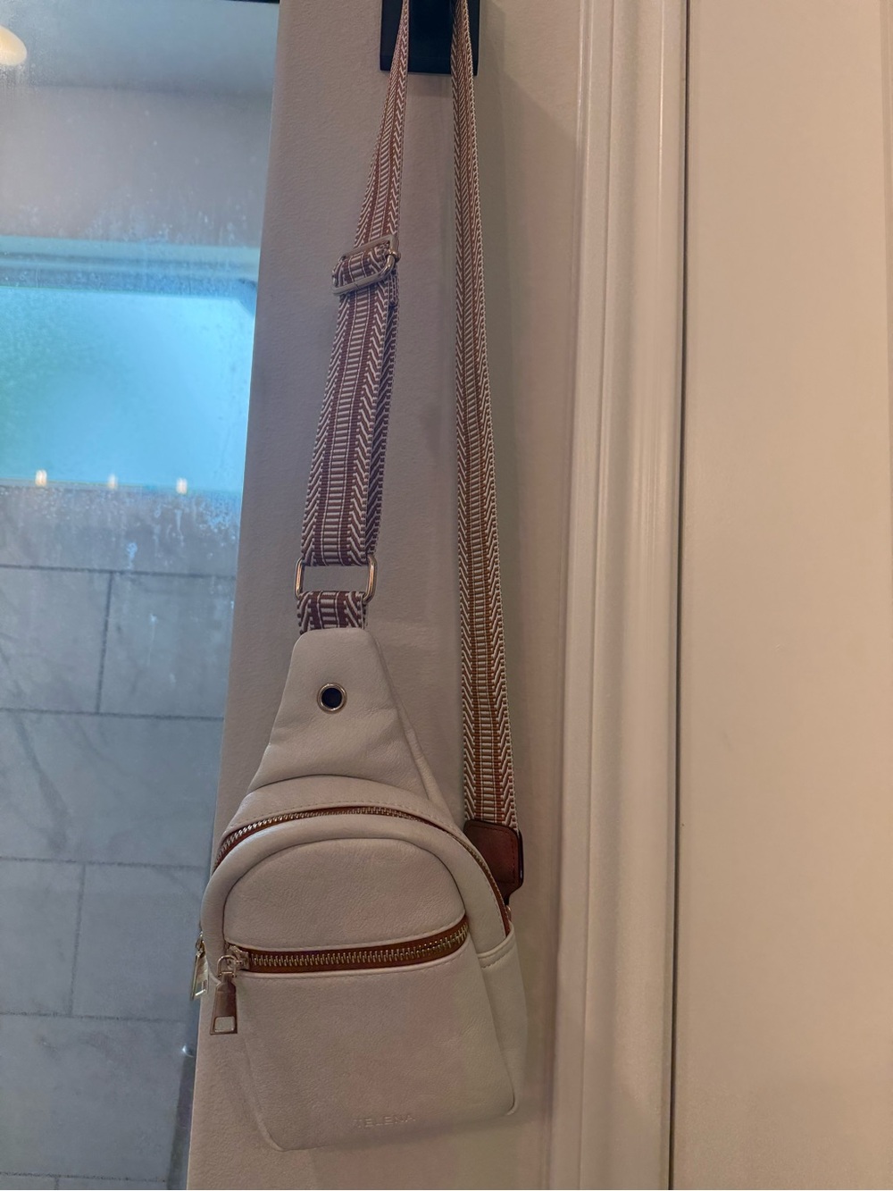 Minimal White Crossbody Sling Bag with Patterned Strap